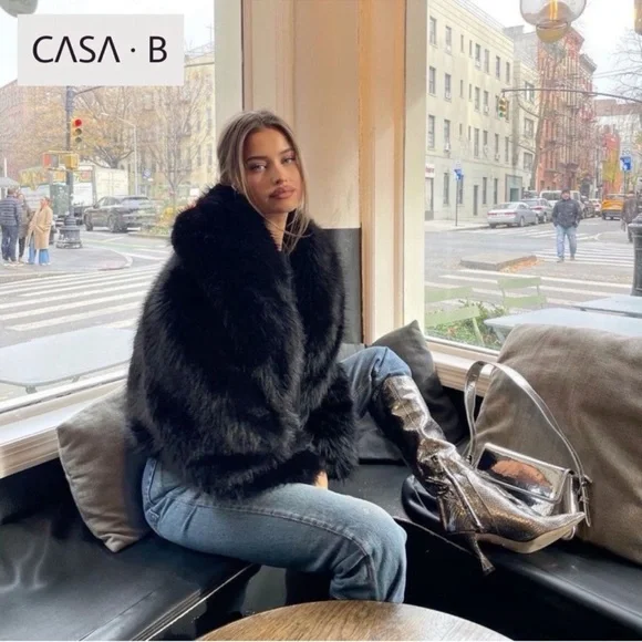 NEW💫CASA B| Heiress Black Faux Fur Jacket- Long Sleeve Lapel Collar Outerwear - Picture 6 of 7